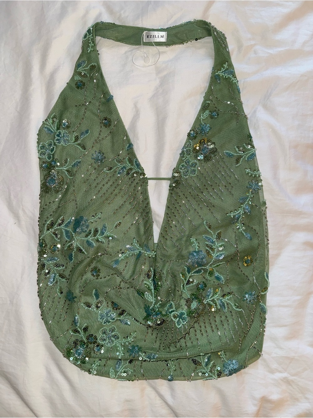 Ezilli Green Embellished Halter Crop Top